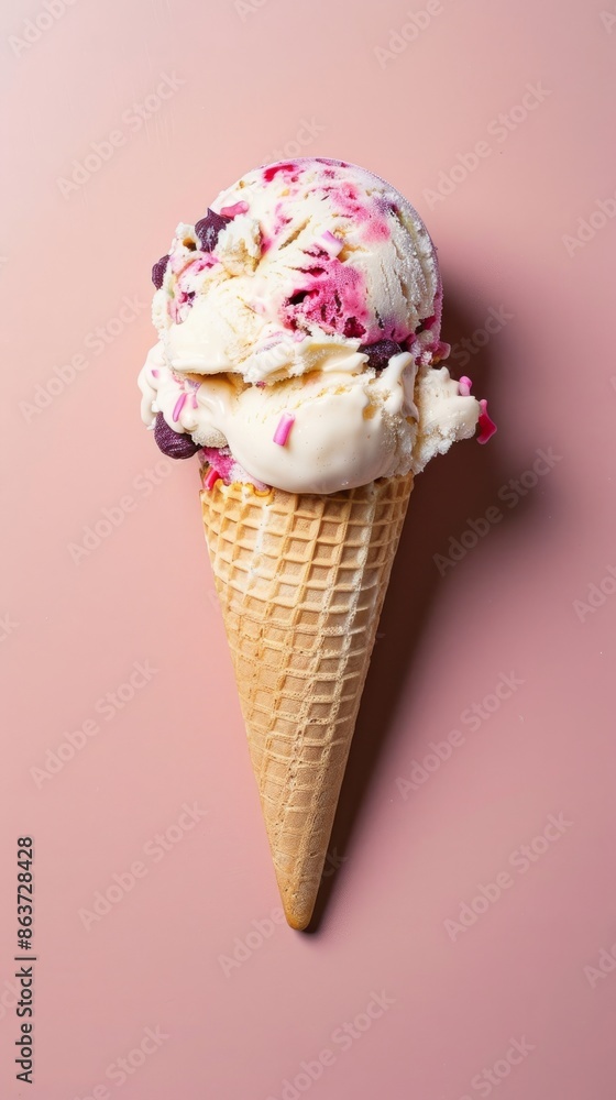 An ice cream cone, a delicious looking ice cream scoop, with toppings, against a flat solid color continuous matte background An ice cream cone, a delicious looking ice cream scoop, with toppings, against a flat solid color continuous matte background