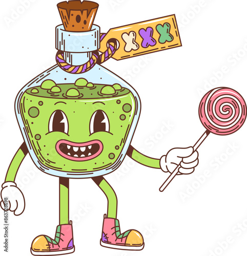 Cartoon retro groovy Halloween potion bottle for horror night holiday, vector character. Groovy spooky witch potion bottle with scary monster face and trick or treat candy for Halloween emoji sticker