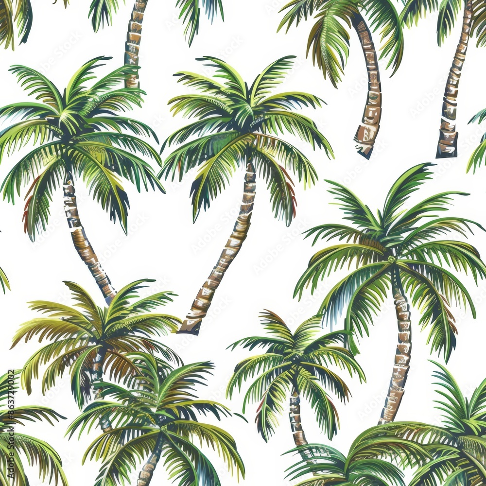 Obraz premium Tropical Paradise. Seamless Pattern of Lush Green Palm Trees on White Background