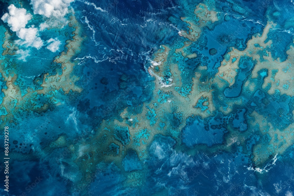 Obraz premium A high-resolution satellite view showcasing vibrant coral reefs in clear ocean waters