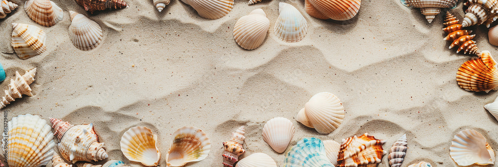 Fototapeta premium variety of colorful seashells scattered across the sandy beach copy space