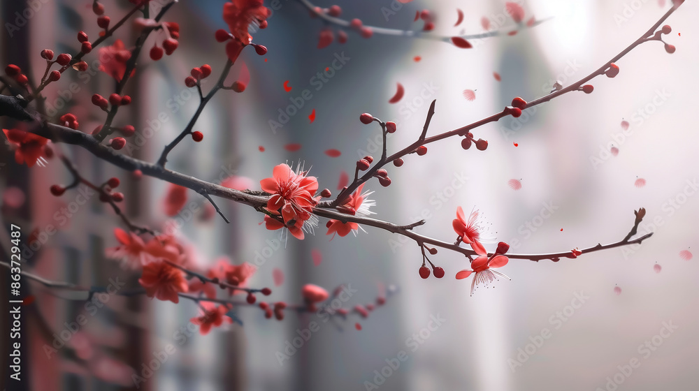 delicate cherry blossoms in full bloom on dark branches with red buds and petals against a soft background
delicate cherry blossoms in full bloom on dark branches with red buds and petals against a soft background