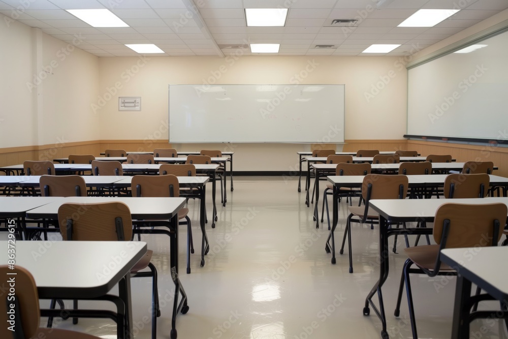 Empty classroom without students with desks, chairs and white board. AI generative Empty classroom without students with desks, chairs and white board. AI generative
