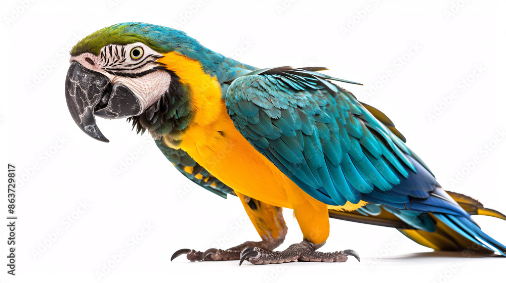 Fototapeta premium Blue and yellow macaw parrot isolated on a white background.