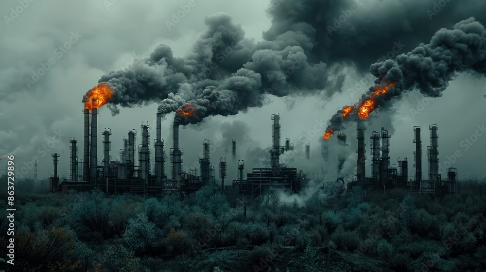 Pollution Rrr industrial facility emits thick, dark smoke and flames from its ...