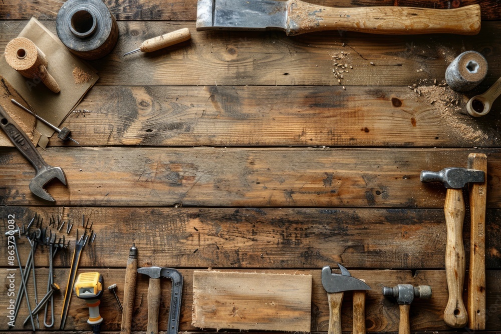 Basic tools for handmade, furniture making, wood projects on wooden background. woodworking, handmade, craft concept. copy space Basic tools for handmade, furniture making, wood projects on wooden background. woodworking, handmade, craft concept. copy space