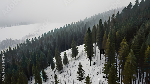 Aerial perspective of a coniferous forest, with tall evergreens creating a dense, dark green canop photo