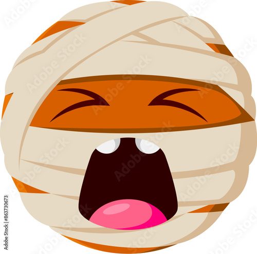 Halloween holiday mummy emoji. Cartoon character wrapped in bandage with wide open mouth and closed eyes peeking out, evoking spooky yet playful vibes. Isolated vector cute emoticon round face for app