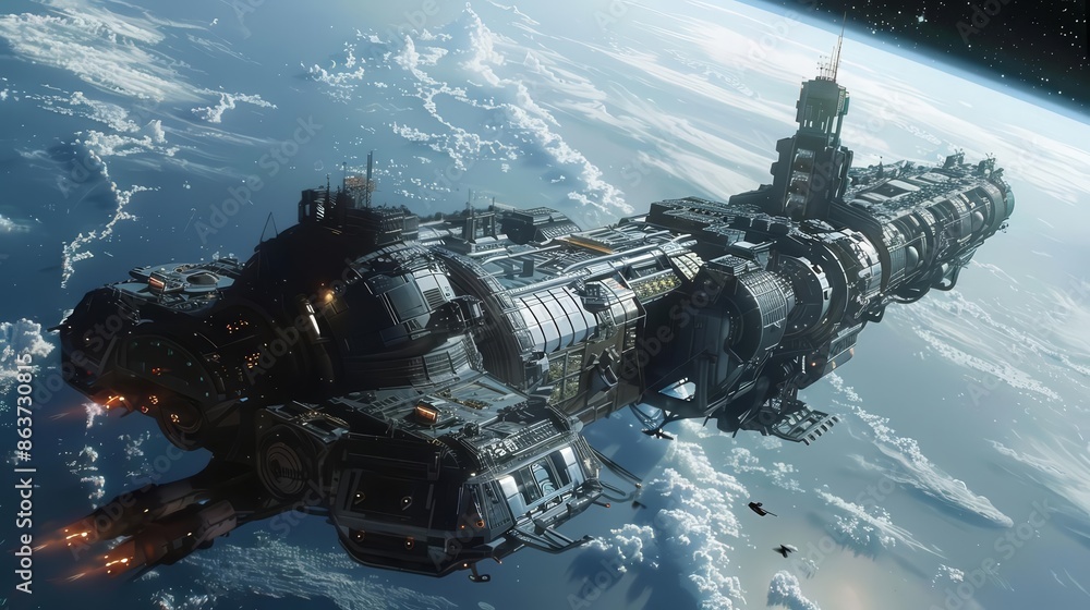 Spaceship docking at a massive space station, science fiction, dark and metallic hues, photorealistic Spaceship docking at a massive space station, science fiction, dark and metallic hues, photorealistic