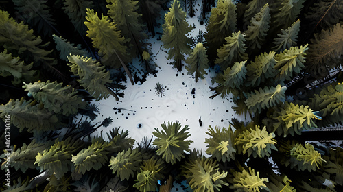 Aerial perspective of a coniferous forest, with tall evergreens creating a dense, dark green canop photo