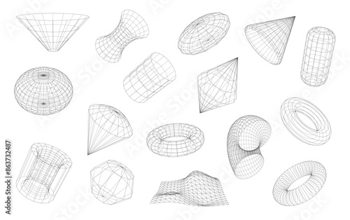 3d Wireframe shapes, geometric volumetric figures with lattice surface. Sphere ball, torus and net, cyber globe, cone and funnel. Vector scientific objects, fractals, graphic forms wire structures