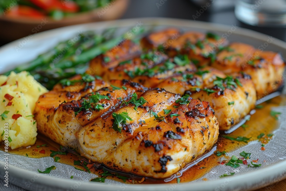A plate of blackened swordfish, served with a side of garlic mashed potatoes and asparagus. A plate of blackened swordfish, served with a side of garlic mashed potatoes and asparagus.