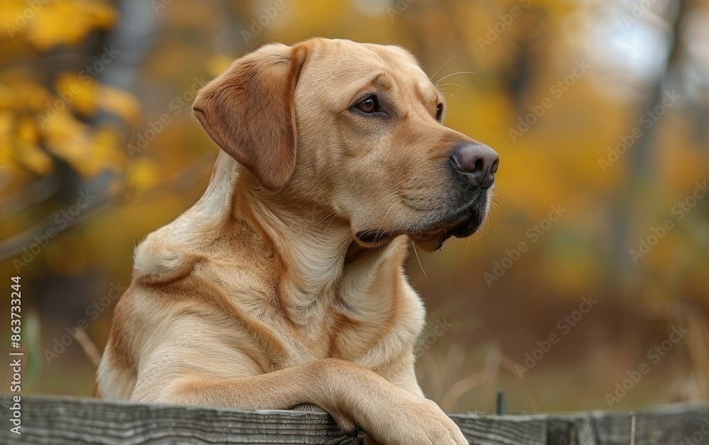 A Labrador retriever dog is lying down on a wooden ledge, looking off to the side. The dogs fur is a golden yellow color, and the background is a blur of autumn colors A Labrador retriever dog is lying down on a wooden ledge, looking off to the side. The dogs fur is a golden yellow color, and the background is a blur of autumn colors