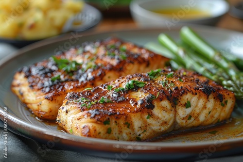 A plate of blackened swordfish, served with a side of garlic mashed potatoes and asparagus.