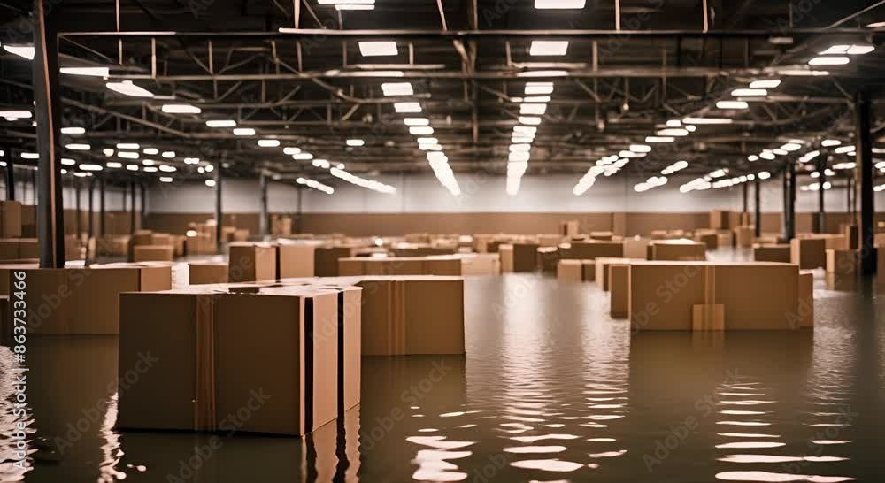 A flooded warehouse with floating cardboard boxes A flooded warehouse with floating cardboard boxes