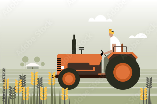 Illustration of an Indian farmer driving a tractor in the farm