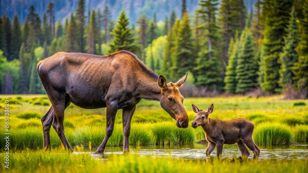 A serene wilderness scene featuring a majestic cow moose and her adorable calf grazing peacefully in a lush meadow. A serene wilderness scene featuring a majestic cow moose and her adorable calf grazing peacefully in a lush meadow.