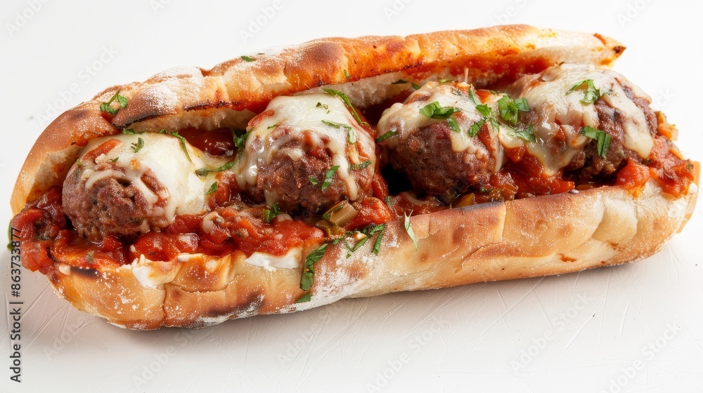 High-definition close-up of a garlic beef meatball sub with marinara and melted mozzarella, white background High-definition close-up of a garlic beef meatball sub with marinara and melted mozzarella, white background