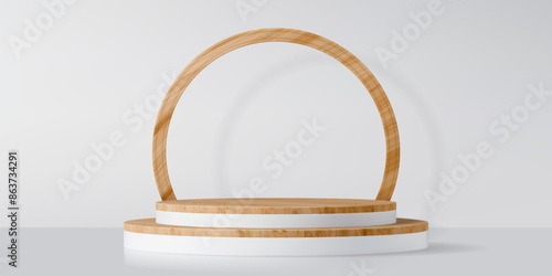 Wooden product podium stage with round arch 3d vector mockup. Realistic showcase with sleek, wood, circular stairs for cosmetics, natural and eco products presentations, providing luxury platform