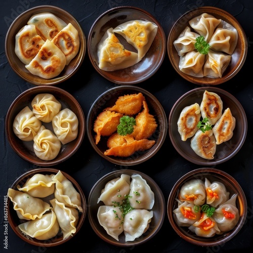 Cooking Dumplings Various Types, Oriental Ravioli, Gyoza, Dim Sum, Jiaozi, Fried and Boiled Pelmeni photo