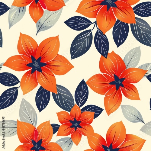 Seamless floral pattern with orange flowers and blue leaves on a white background. Perfect for fabric, wallpaper, or other design projects.