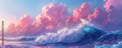 A huge wave of ocean water with a pink and blue sky filled with clouds