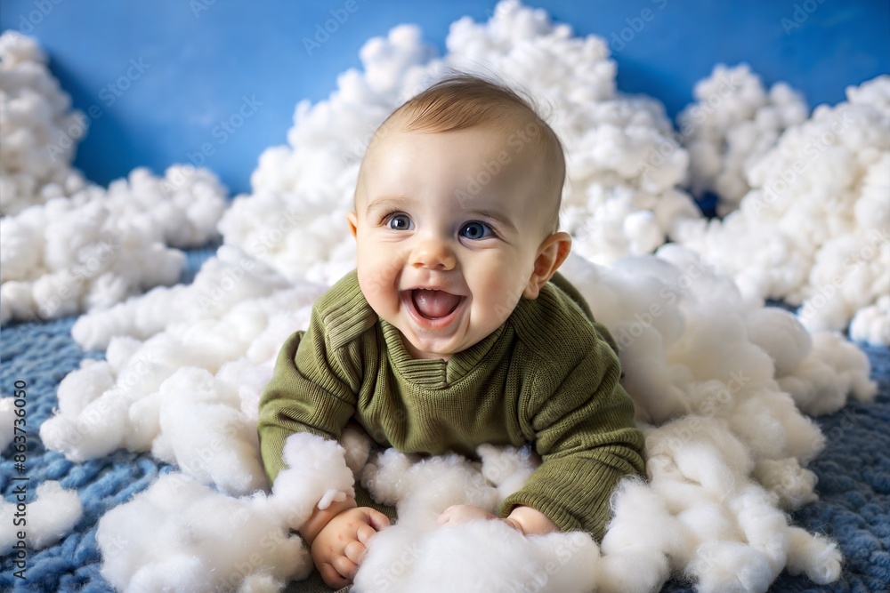 Cute baby smiles looking out from fluffy clouds. Cute baby smiles looking out from fluffy clouds.