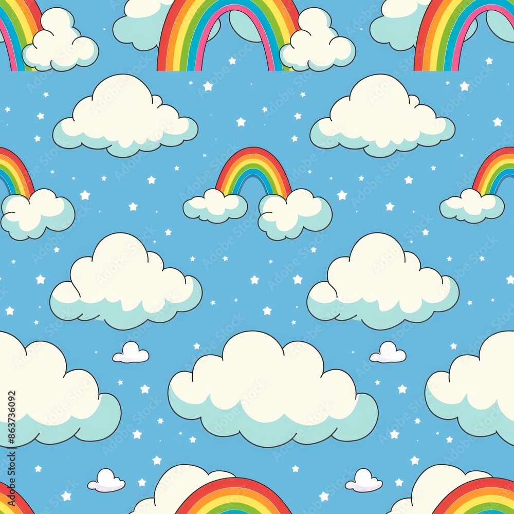 Seamless pattern with cartoon clouds, rainbows and stars on blue background. Whimsical design for children's fabric, wallpaper, or apparel. Seamless pattern with cartoon clouds, rainbows and stars on blue background. Whimsical design for children's fabric, wallpaper, or apparel.