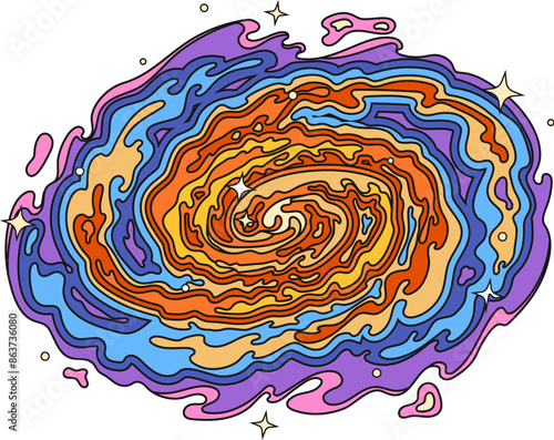 Retro groovy galaxy. Isolated cartoon vector vibrant, colorful space swirl in orange, blue, purple and yellow with glowing stars. Dynamic psychedelic galaxy or nebula vortex, cosmic celestial wonder