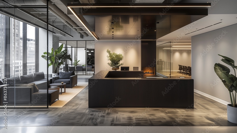 A boutique consulting firma??s office with a monochrome color scheme, sleek lines, and a custom-built client presentation area