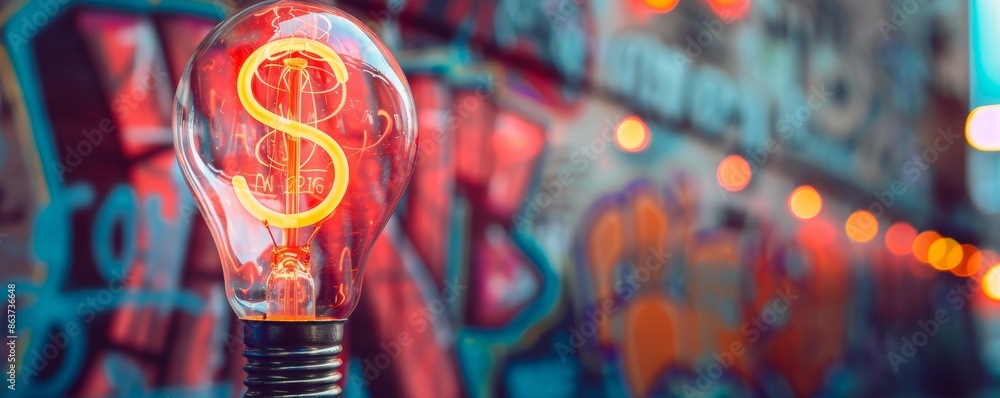 Naklejka premium Illuminated light bulb with glowing dollar filament representing financial innovation and investment against blurred graffiti backdrop.