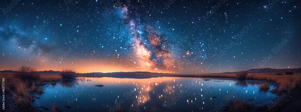 A breathtaking view of the Milky Way galaxy and countless stars in a clear night sky over a tranquil landscape. A breathtaking view of the Milky Way galaxy and countless stars in a clear night sky over a tranquil landscape.