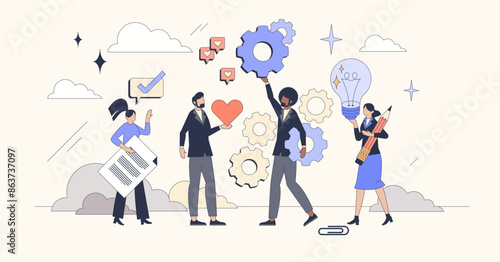 Team dynamics for business project agility tiny person neubrutalism concept. Employee group work with innovative and creative solutions vector illustration. Corporate leader with strong team control.