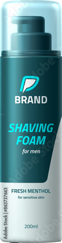 Men shaving foam cosmetic product package template. Isolated 3d vector realistic mockup of cylindrical bottle with pump dispenser in blue and white colors. Hygiene product for daily shaving routines