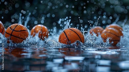 Basketballs Splashing in Water with Bokeh Effect in Dynamic Scene photo
