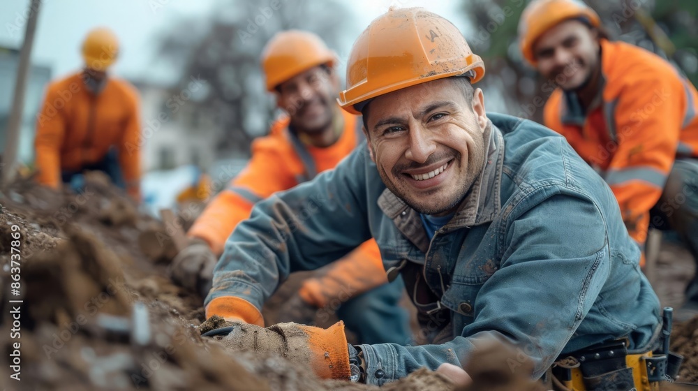 Site PreparationConstruction workers break ground with determined smiles, laying the foundation for the future of AIPride Pioneering Spirit Site PreparationConstruction workers break ground with determined smiles, laying the foundation for the future of AIPride Pioneering Spirit
