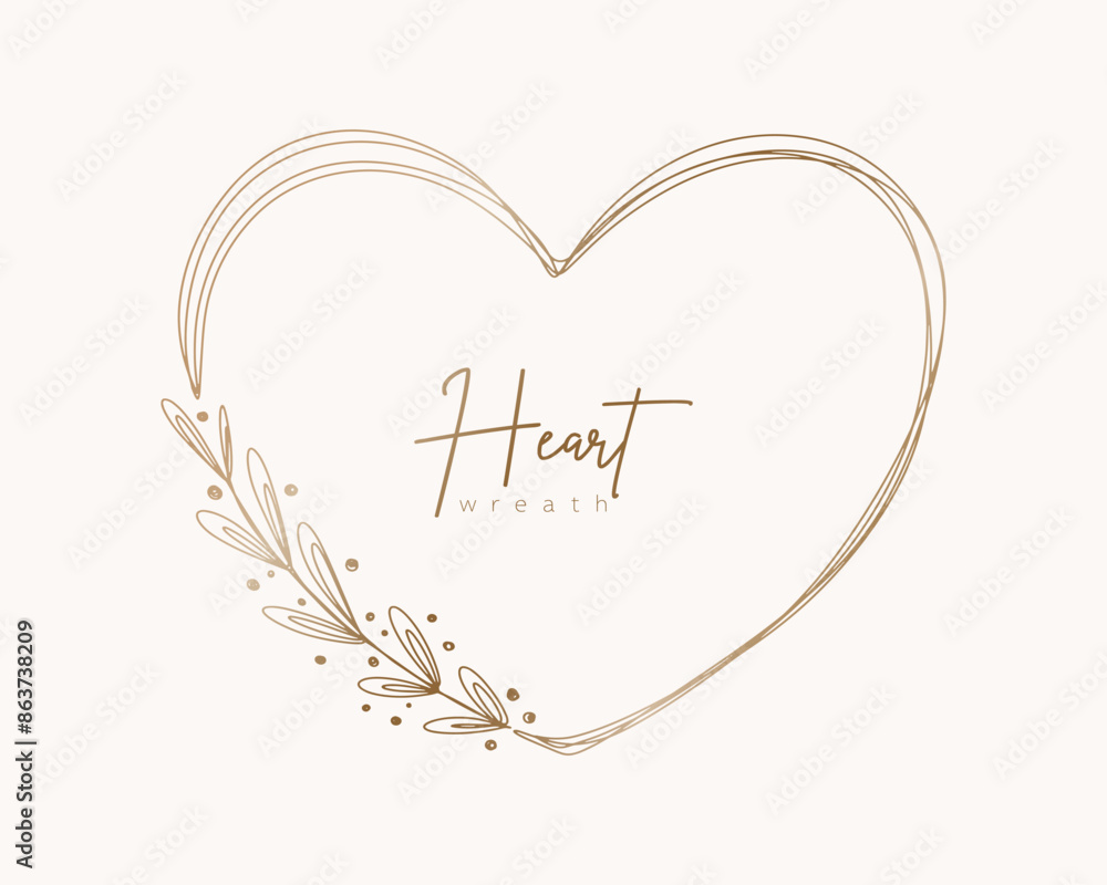 Hand drawn gold floral heart wreath and leaves. Flower branch botanical frame for monogram, wedding logo, invitation, postcard, and more. Vintage ornament illustration isolated on white background. Hand drawn gold floral heart wreath and leaves. Flower branch botanical frame for monogram, wedding logo, invitation, postcard, and more. Vintage ornament illustration isolated on white background.