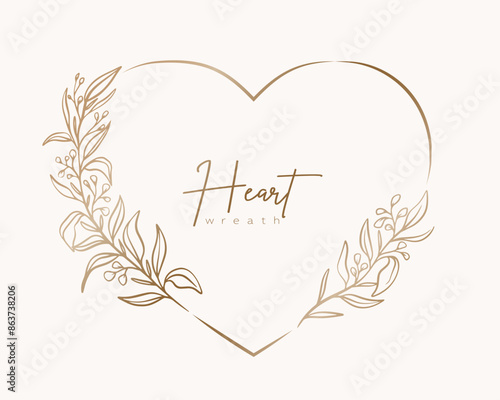 Hand drawn gold floral heart wreath and leaves. Flower branch botanical frame for monogram, wedding logo, invitation, postcard, and more. Vintage ornament illustration isolated on white background.	