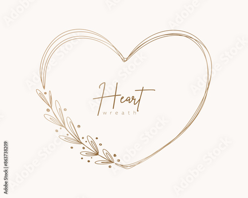 Hand drawn gold floral heart wreath and leaves. Flower branch botanical frame for monogram, wedding logo, invitation, postcard, and more. Vintage ornament illustration isolated on white background.	