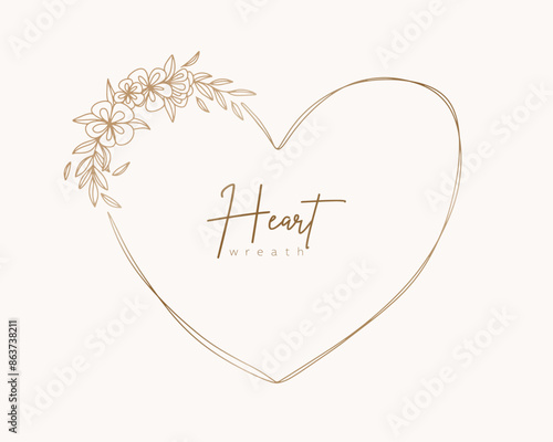 Hand drawn gold floral heart wreath and leaves. Flower branch botanical frame for monogram, wedding logo, invitation, postcard, and more. Vintage ornament illustration isolated on white background.	