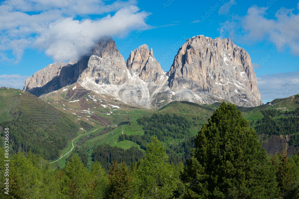 Obraz premium View of Sassolungo - Langkofel mountain group - epic rugged mountains of Dolomites UNESCO world heritage site, in South Tyrol, Italy