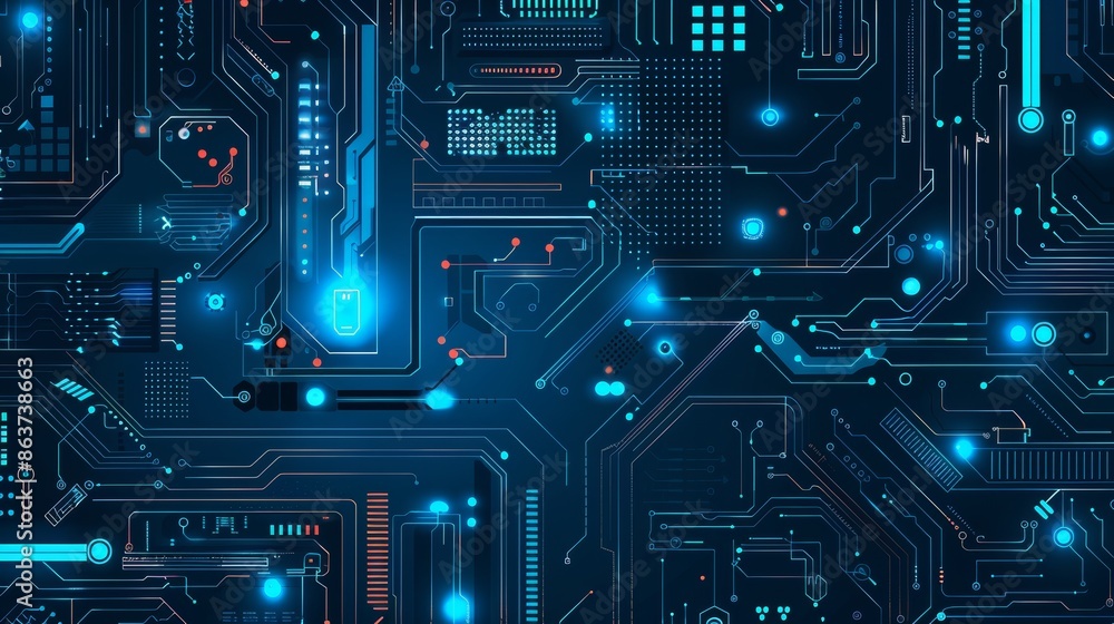 Fototapeta premium a close-up view of an electronic circuit board illuminated by bright blue lights