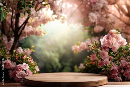 A wooden podium surrounded by cherry blossoms in a tranquil forest, Japanese Style, Soft Watercolor