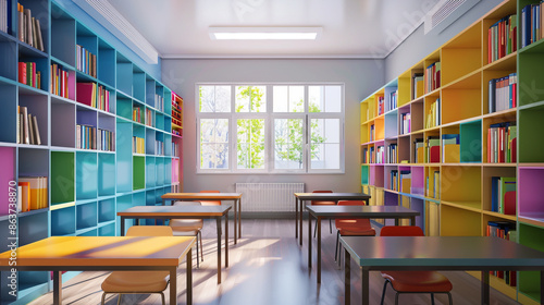 Bright, modern classroom with sleek desks and colorful bookshelves © Glenn Finch