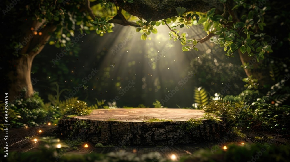 © sunchai - A rustic wooden podium in an enchanted forest with mythical creatures and magical lights, Fantasy, Illustration