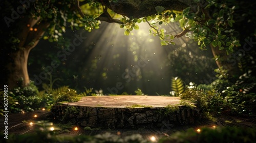 A rustic wooden podium in an enchanted forest with mythical creatures and magical lights, Fantasy, Illustration