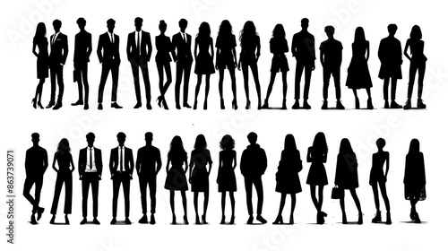 Vector silhouettes of men and a women, a group of standing business people, black color isolated on white background