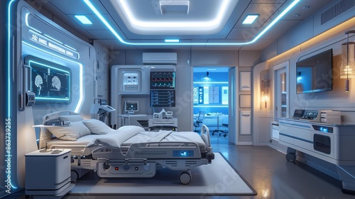Smart hospital room with interconnected medical devices, medical technology, mixed colors, 3D rendering © Preeyanuch