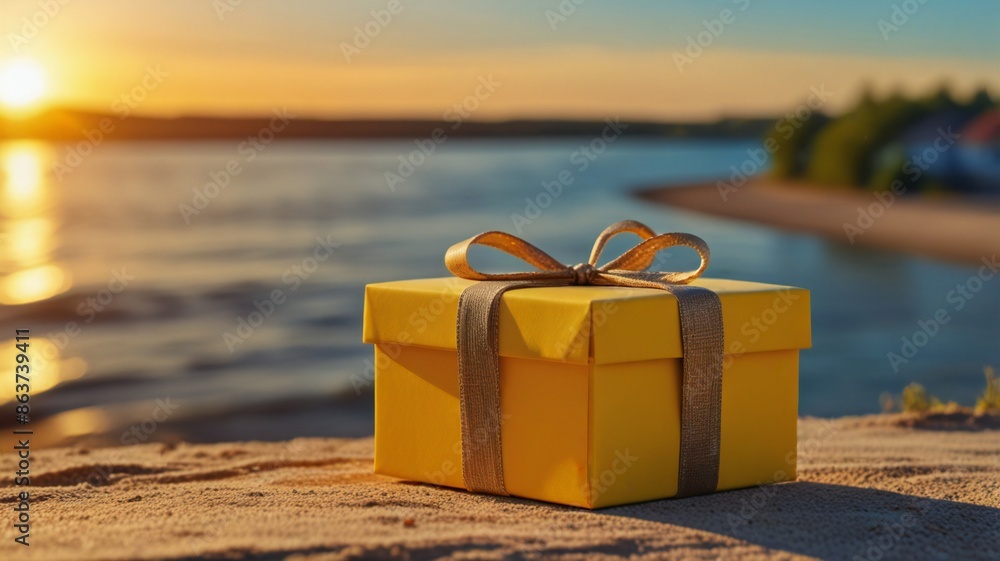 Naklejka premium gift box on yellow background. Daylight saving time end, real estate concept and blurred landscape of river beach Blue sky with sunset 