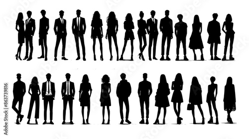 Vector silhouettes of men and a women, a group of standing business people, black color isolated on white background